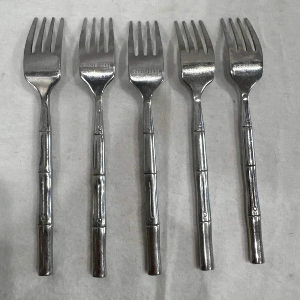 (5) Dinner Forks Benihana Stainless Flatware Bamboo Handles 7